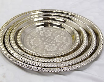 Moroccan Handmade Tea Tray Serving, Cocktail Silver Small Or Large Round Tray, Authentic Moroccan Elegant handcrafted Silver Serving