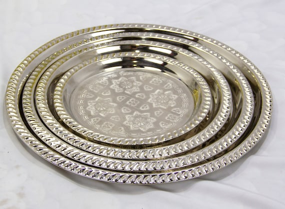 Moroccan Handmade Tea Tray Serving, Cocktail Silver Small Or Large Round Tray, Authentic Moroccan Elegant handcrafted Silver Serving