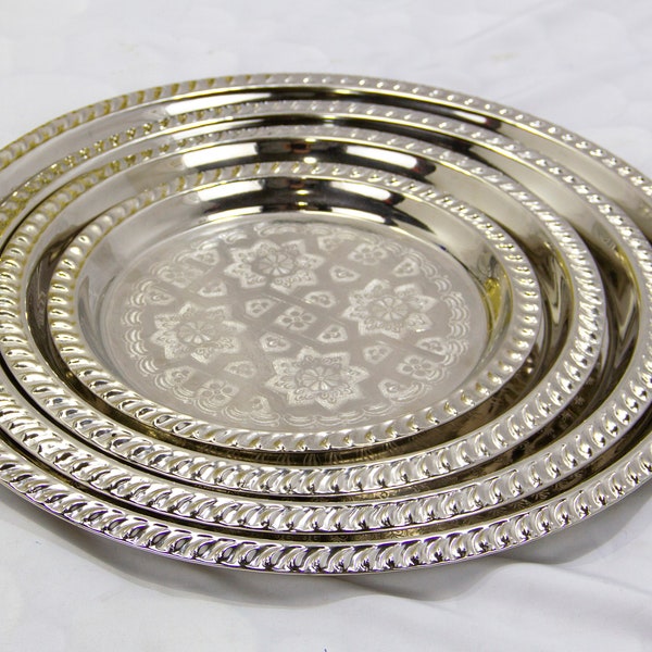 Plateau de service marocain fait main, plateau rond à cocktail en argent petit ou grand, authentique service en argent artisanal marocain élégant