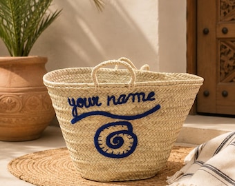 Handwoven Moroccan Palm Leaf Basket with Blue Personalized Embroidery