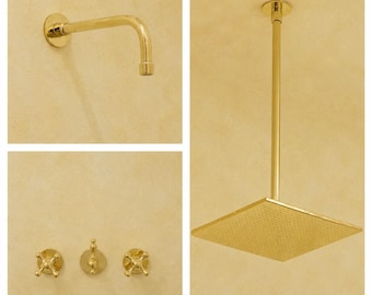 Handcrafted Brass Ceiling & Wall Shower System with Rainfall Showerhead and 3-Valve Mixer