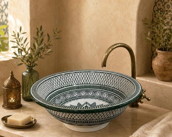 Emerald Riad Ceramic Vessel Sink – Green Geometric Moroccan Basin