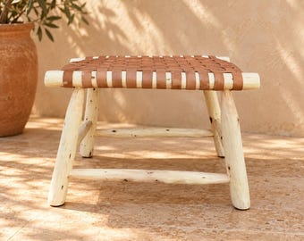 Handcrafted Natural Wood Bench with Woven Cognac Leather Seat – Rustic Moroccan Boho Accent Bench