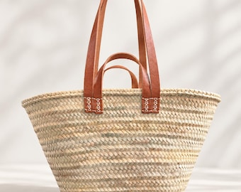 Moroccan Straw Market Basket, Handwoven Palm Leaf Tote, Leather Handle Beach Bag, Large Woven Shopping Basket