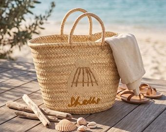 Handwoven Moroccan Palm Leaf Basket with Natural Seashell Embroidery