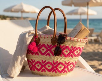 Moroccan Straw Basket Bag, Handwoven Palm Leaf Tote, Leather Handle Beach Bag, Market Basket