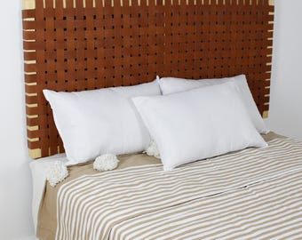 Brown Leather Headboard – Handmade Moroccan Wall-Mounted Bed Panel, King Queen Boho Bed Frame