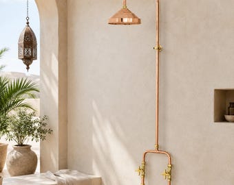 Handcrafted Copper & Brass Outdoor Shower System – Traditional Moroccan Rainfall Shower