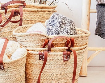 Straw bag Handmade French Basket Moroccan Basket french market basket, Beach Bag - Natural Basket long Flat Leather Handle, Moroccan bag