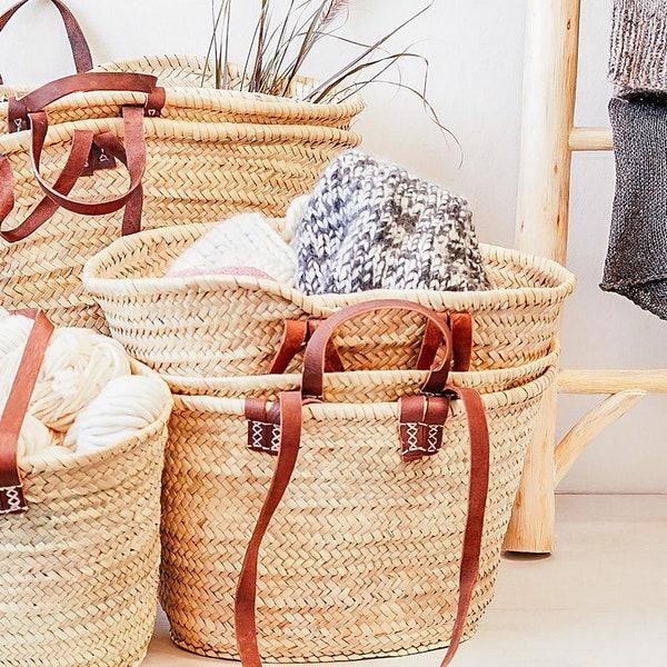 Straw bag Handmade French Basket Moroccan Basket french market basket, Beach Bag - Natural Basket long Flat Leather Handle, Moroccan bag