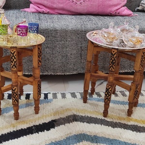 Handcrafted Moroccan 11&quot; OR 13&quot; Round Brass Tray Table with folding Wood Stand Brass Coffee Tea Table Moroccan Home Decor Moroccan Furniture