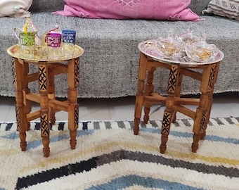 Handcrafted Moroccan 11" OR 13" Round Brass Tray Table with folding Wood Stand Brass Coffee Tea Table Moroccan Home Decor Moroccan Furniture