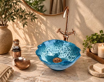 Handcrafted Blue Ceramic Vessel Sink with Hammered Copper Faucet