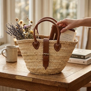 Moroccan Straw Bag, Beach Basket Tote, Handmade Palm Leaf Bag with Leather Handles & Closure image 4