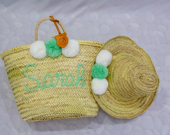 Personalised Pom Pom purse for bride, Straw sun hat beach , Bridesmaid Proposal Caps Gift Bag, Custom beach bag gift for her, Girls Trip Bag