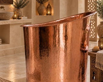 Handcrafted Solid Copper Cold Plunge Bathtub with Built-In Seat – Round Freestanding Ice Bath Tub