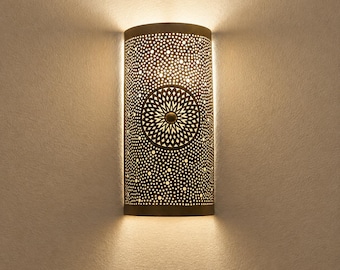 Moroccan Brass Wall Sconce, Large Round Wall Light, Handmade Boho Metal Lamp, Moroccan Wall Decor