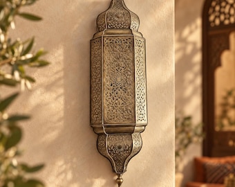 Handcrafted Moroccan Brass Wall Sconce – Ornate Pierced Metal Lantern Light