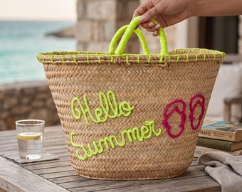 Handwoven Moroccan “Hello Summer” Palm Leaf Basket