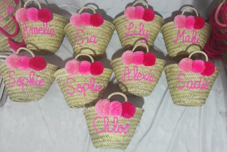 Personalized Beach Tote Bag, Beach Straw Bag, Bridal Shower Bag, Bachelorette Gift Bag, Custom Initials Bag, Bag For Her 3 POM POMs