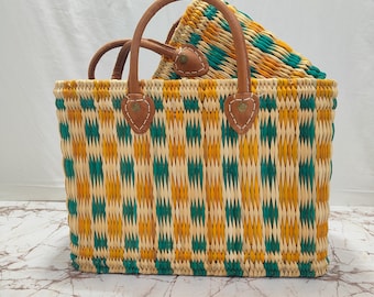 Handwoven Moroccan Straw Tote Bag – Teal, Yellow & Natural Beige  mustard geometric