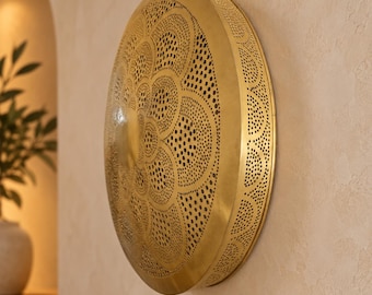 Handcrafted Moroccan Round Brass Wall Light – Perforated Mandala Sconce with Decorative Shadow Effect, Boho Mediterranean Wall Decor