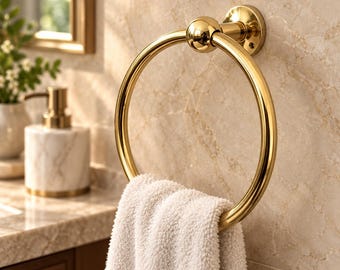 Handcrafted Solid Brass Towel Ring – Wall-Mounted Round Bathroom Hand Towel Holder with Polished Golden Finish