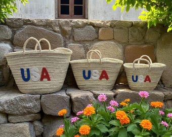 Straw Bag USA Design, Custom Travel Bag For Women, Personalized Beach party bags, bridal shower favors, Engagement Gift,Flag Beach basket
