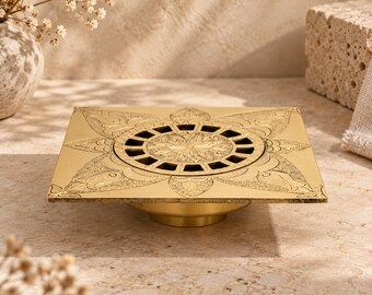 Hand Engraved Brass Square Floor Drain | Decorative Floral Shower Drain Cover | Moroccan Inspired Bathroom Drain Grate