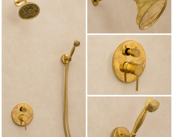 Handcrafted Unlacquered Brass Shower System with Rainfall Head & Hand Shower