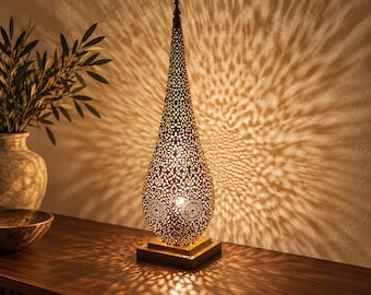 Moroccan Brass Table Lamp, Handmade Pierced Metal Lamp, Boho Moroccan Accent Light