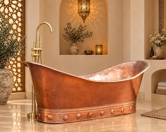Handcrafted Vintage Freestanding Copper Bathtub with Smooth Finish and Riveted Base – Luxury Artisan Soaking Tub