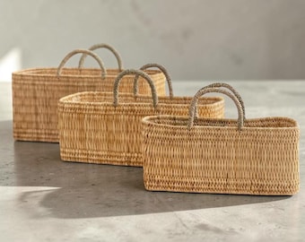 Handwoven Moroccan Straw Storage Baskets Set of 3 | Natural Palm Leaf Organizer Bins with Handles | Nursery, Bathroom & Home Storage