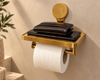 Handcrafted Solid Brass Toilet Paper Holder with Shelf