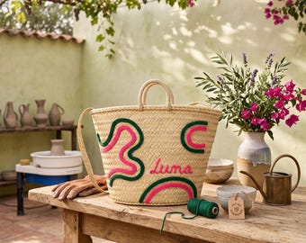 Handwoven Moroccan Palm Leaf Basket with Pink & Green Embroidery