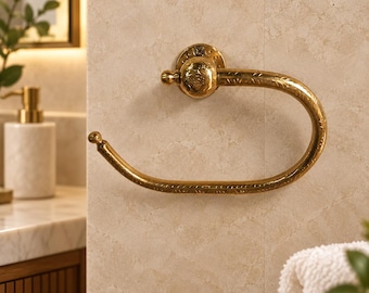Handcrafted Engraved Brass Towel Ring – Moroccan Wall-Mounted Bathroom Hand Towel Holder with Decorative Floral Detailing