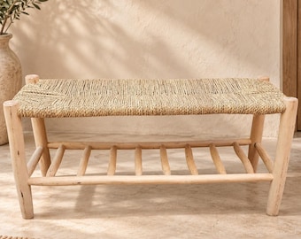 Handcrafted Moroccan Wooden Bench with Woven Natural Fiber Seat and Lower Storage Rack