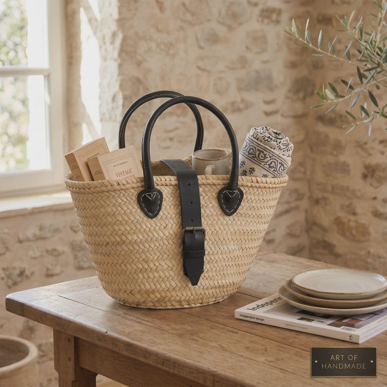May include: A woven straw basket featuring two black leather handles and a central black leather strap with a metal buckle. The basket contains two rectangular books, a ceramic mug, and a patterned fabric cloth with a black and white design.