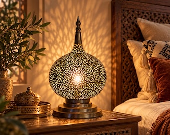 Moroccan Brass Table Lamp, Handmade Pierced Lantern, Boho Bedside Light, Moorish Accent Lamp