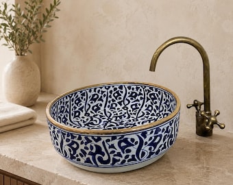 Hand-Painted Moroccan Ceramic Vessel Sink – Blue & White with Brass Rim