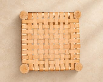 Handcrafted Moroccan Woven Leather Stool with Natural Wooden Frame – Rustic Boho Accent Seat