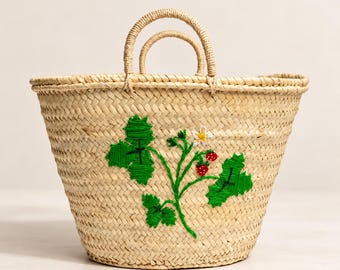 Moroccan Straw Basket, Handwoven Berry Embroidery Tote, Palm Leaf Market Bag, Picnic & Beach Basket