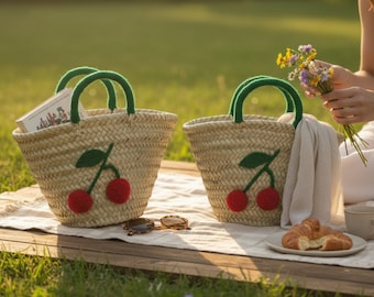 Handmade Cherry Tote Basket bag for kids , Customized basket stuffers, gift for boys girls, Handmade Straw  basket, Kid Toddler Baby tags