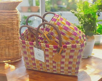 Moroccan Handwoven Straw Tote Bag with Leather Handles – Pink & Orange