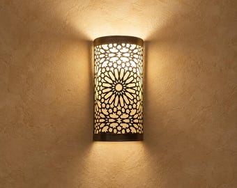 Moroccan Brass Wall Sconce, Handmade Geometric Wall Light, Boho Pierced Brass Lamp