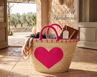 Handwoven Moroccan Palm Leaf Basket with Pink Heart