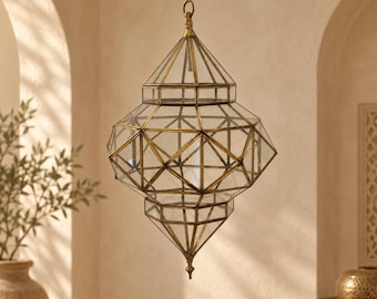Handcrafted Moroccan Brass & Glass Pendant Light – Geometric Lantern with Transparent Glass, 3 Sizes