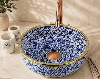 Artisan Moroccan Blue Ceramic Vessel Sink with Elegant Brass Finish