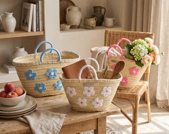 Handwoven Moroccan Palm Leaf Basket with Pink Floral Embroidery