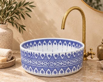Hand-Painted Moroccan Blue Geometric Ceramic Vessel Sink – Artisan Bathroom Basin